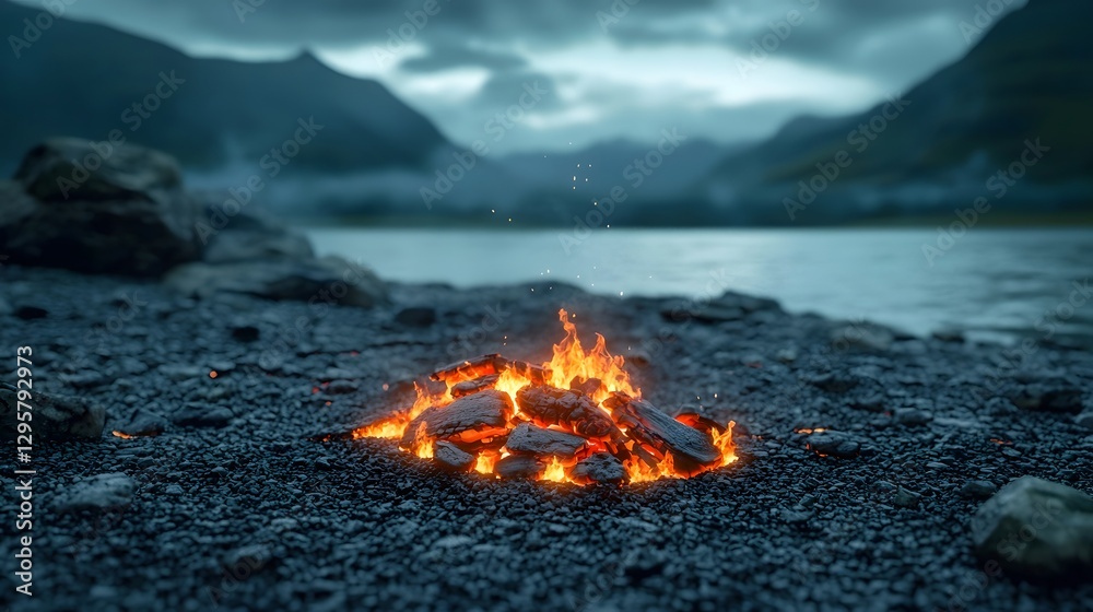 Aufkleber surreal and modern bonfire scene with neon colored embers casting a serene futuristic glow across a 