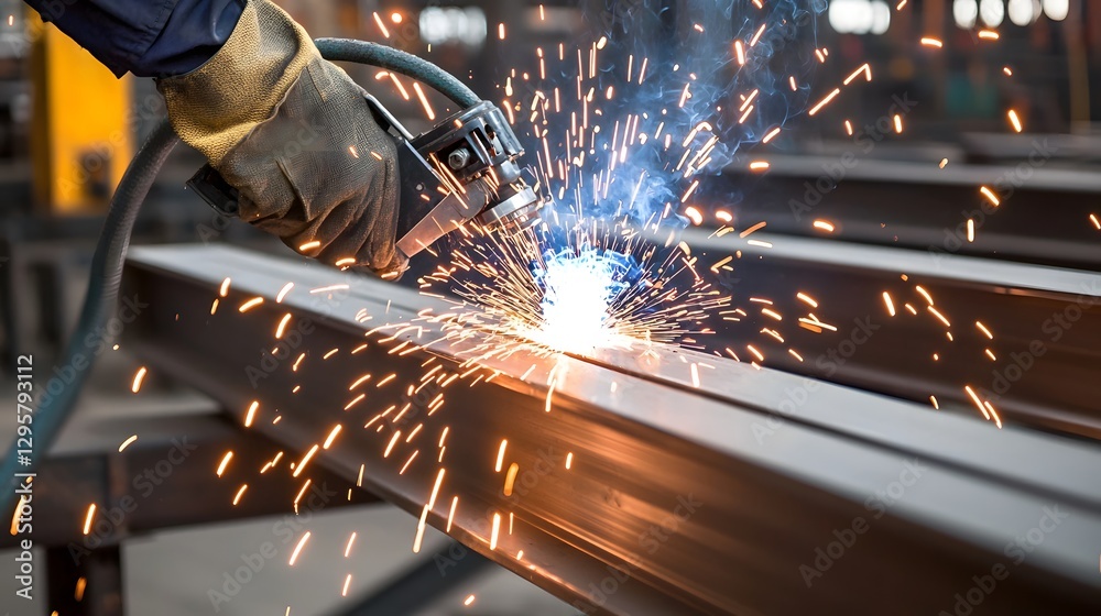 Fototapete Top down perspective of a skilled welder meticulously joining metal beams together creating a mesmerizing display of glowing seams and scattered sparks in an industrial workshop setting