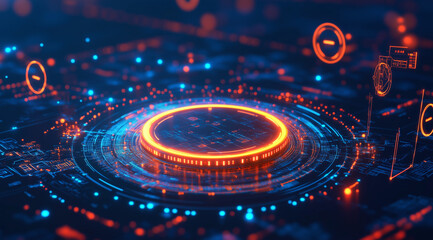 Futuristic Digital Technology Background with Blue Glowing Data Streams and Circular Interface