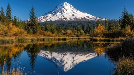 Majestic Mountain Reflected in Calm Water Autumn Scenery