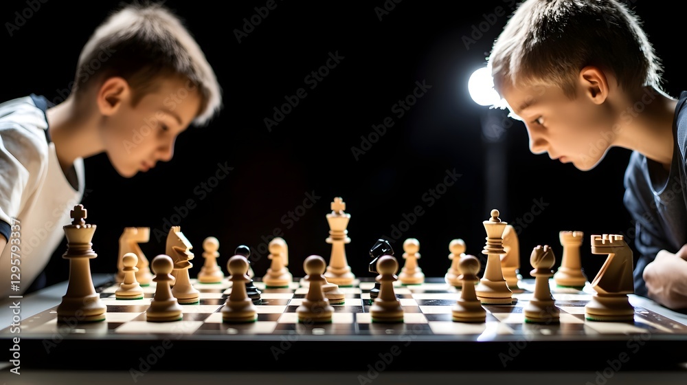 Poster two chess players deeply engrossed in an intense match their eyes fixed on the game board as they pl