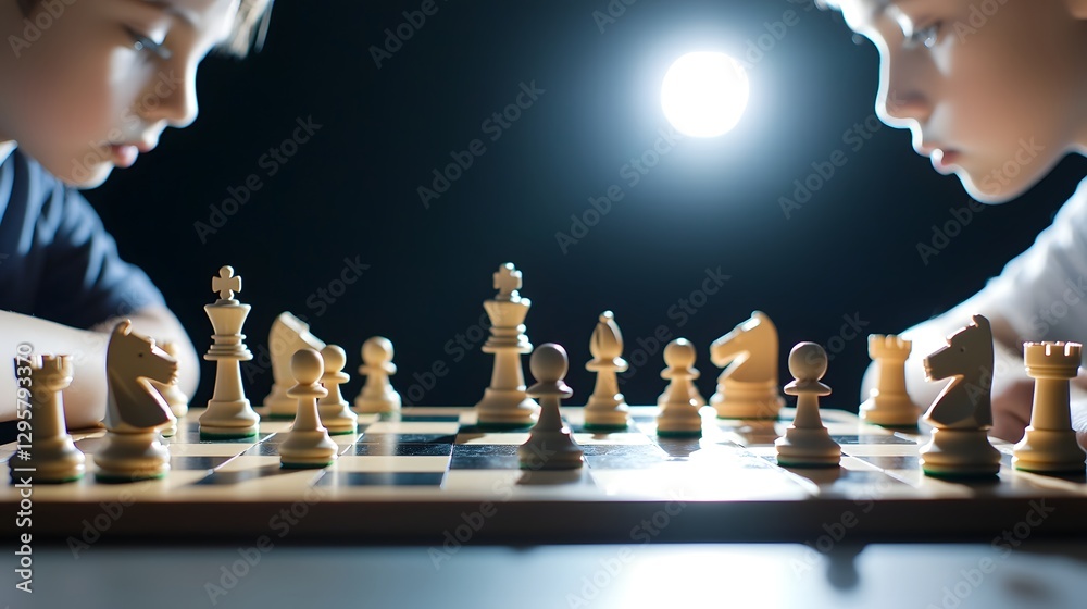 Aufkleber Two chess players intently focused on the game with a spotlight illuminating the chess pieces on the board creating an atmosphere of intense competition and strategy