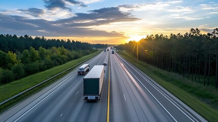 Trucks on Highway at Sunset with Beautiful Sky and Forest Background : Generative AI