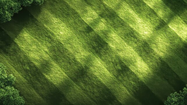 Aerial view of a large grass field with distinct patterns from recent mowing and soft light shadows.