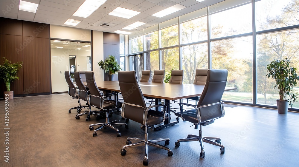 Aufkleber bright conference room with large windows overlooking green trees and modern chairs : generative ai