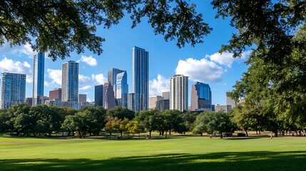 Obraz premium Stunning Urban Skyline with Green Park in Foreground under Bright Blue Sky : Generative AI