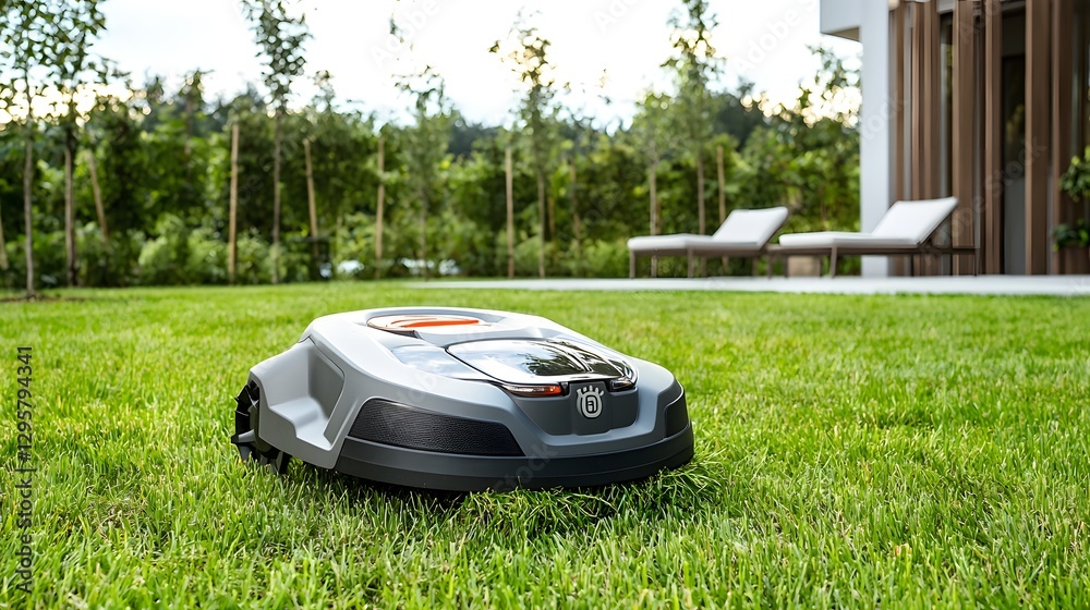 Aufkleber wide angle view of an automated robotic lawnmower efficiently trimming the grass in a sleek modern b
