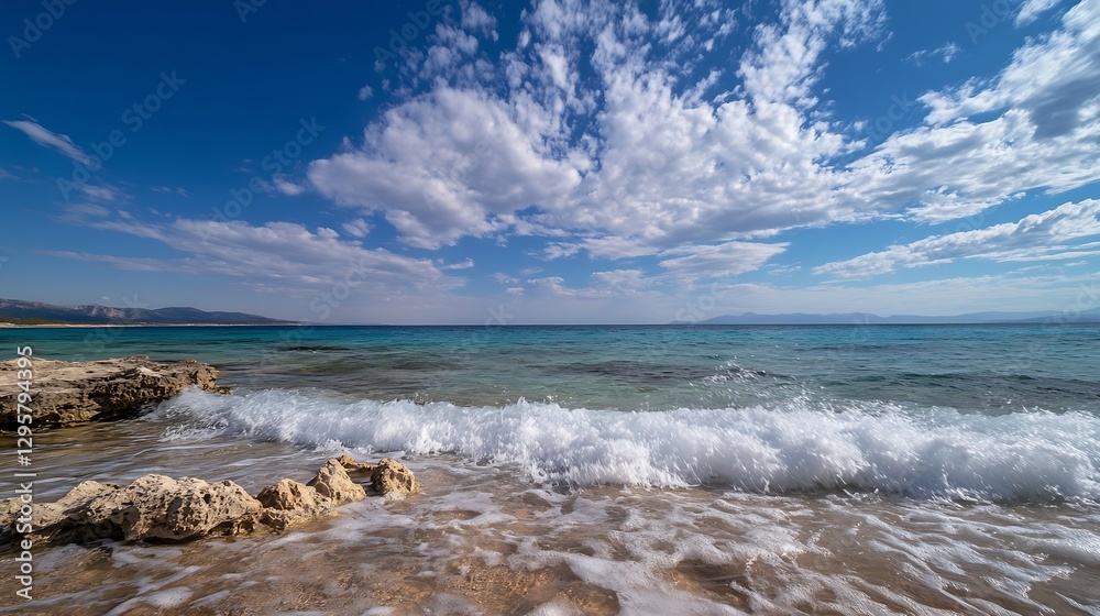 Aufkleber coastal view with gentle waves lapping against rocks under bright sky : generative ai