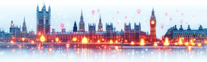 Obraz premium London cityscape with glowing lights and digital map markers