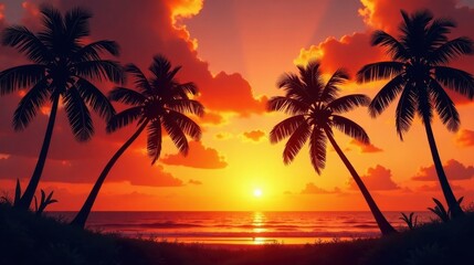 Obraz premium Serene Sunset Silhouette of Palm Trees on Tranquil Ocean Beach