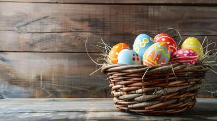 Easter basket filled with painted eggs on a wooden background. Simple, charming design perfect for Easter themes.