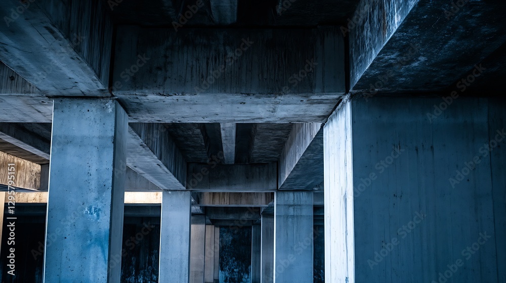 Aufkleber abstract architectural photo of concrete pillars through an underpass : generative ai