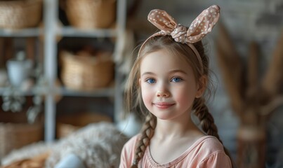 A young girl with a pink headband and braided hair is smiling