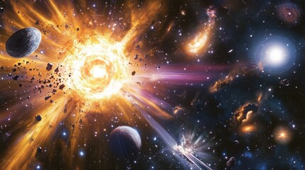 Cosmic Explosions in Space with Planets and Celestial Bodies