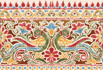  traditional ikat textile and embroidery design. colorful hand drawn birds print ikat border design. animal print kalamkari border art. design for saree ,fabric, wallpaper