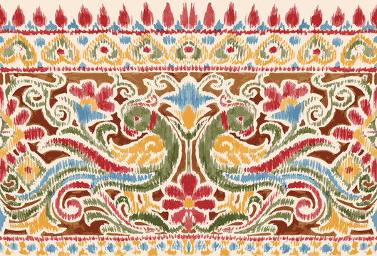  traditional ikat textile and embroidery design. colorful hand drawn birds print ikat border design. animal print kalamkari border art. design for saree ,fabric, wallpaper