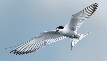 Photorealistic arctic tern in flight highlighting graceful wing span and aerial dynamics with copy space