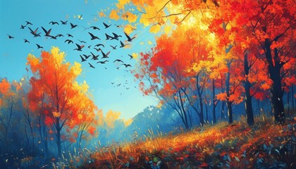 Fototapeta premium Autumn migration scene with flock of birds over vibrant forest and clear sky with copy space