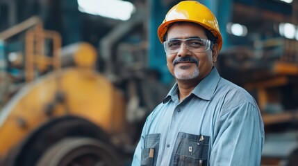 Smiling industrial worker in a safety helmet and glasses standing confidently in a manufacturing facility with machinery in the background