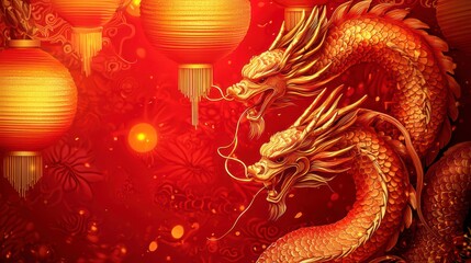 Fototapeta premium Dragon's Festival: Capturing the spirit of cultural festivity, two majestic golden dragons dance amidst vibrant red lanterns and ornaments, heralding auspicious celebrations.