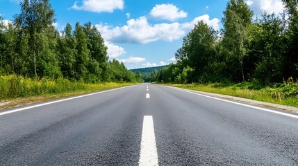 Empty Country Road Surrounded by Green Trees Under Bright Blue Sky : Generative AI