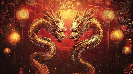 Obraz premium Golden Dragons in Harmony: Two magnificent golden dragons, symbols of power and prosperity, entwined in a display of mystical elegance.