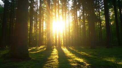 Fototapeta premium Golden Sunlight Streaming Through Tall Trees Creating a Magical Forest Scene at Dusk : Generative AI