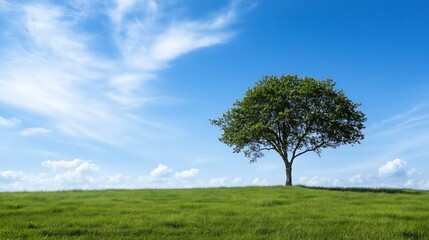 Obraz premium Lone Tree on Green Hill Under Clear Blue Sky : Generative AI