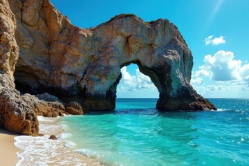 Fototapeta premium Serene Coastal Archway Ocean Waves Gently Lap a Sandy Beach Underneath a Natural Rock Formation