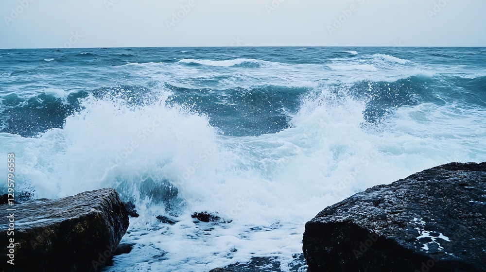 Poster wild ocean waves crashing on rocks creating a dramatic seascape : generative ai