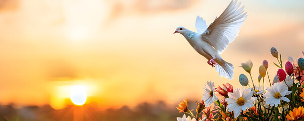 Easter Day A white dove flies over colorful flowers during a serene sunrise, capturing the essence of peace and beauty in nature.