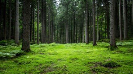 Obraz premium Serene View of Lush Green Forest with Tall Trees and Soft Mossy Ground Under Beautiful Light : Generative AI