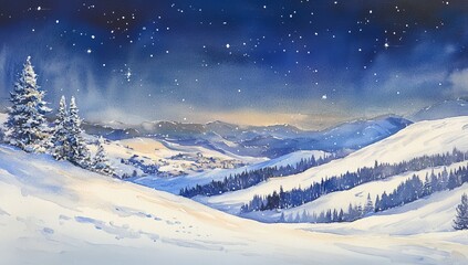 Fototapeta premium Snowy mountain valley at night, snow-covered hills, twinkling stars, winter wonderland