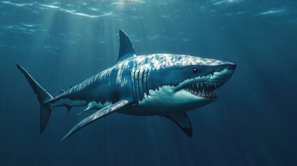 Fototapeta premium Majestic Great White Shark Swimming Gracefully Underwater in a Sunlit Ocean Environment Capturing the Beauty of Marine Life