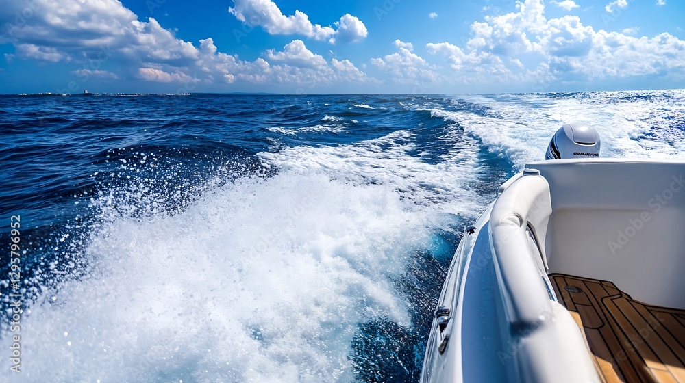 Aufkleber stunning boat wake on a beautiful ocean blue sky with clouds in the background : generative ai
