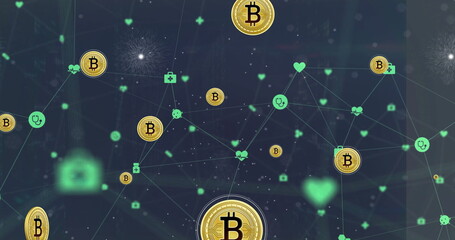 Image of bitcoin icons and digital data processing with connections