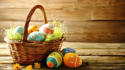 Easter basket filled with painted eggs on a wooden background. Simple, charming design perfect for Easter themes.