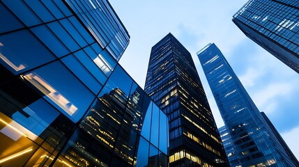 Naklejka premium Modern Cityscape at Dusk with Glass Skyscrapers and Reflective Surfaces : Generative AI