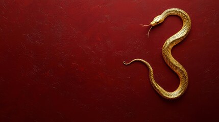 Obraz premium Golden Snake on Red: A beautifully crafted golden snake coils elegantly against a rich, red background, its details highlighted, exuding an air of mystique and elegance.