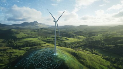 Wind turbine in a green landscape with digital data overlay, illustrating advanced renewable energy technology and smart grid integration