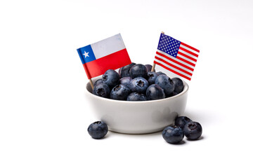 Bowl of Blueberries in a White Bowl on a White Background with Flags of USA and Chile