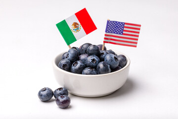 Bowl of Blueberries in a White Bowl on a White Background with Flags of USA and Mexico