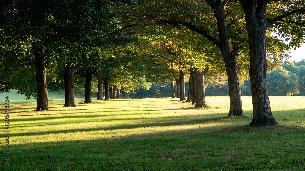 Aufkleber Serene Park with Rows of Trees Casting Long Shadows on a Green Lawn : Generative AI