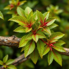 Aeschynanthus radicans' green leaves with red veins growing on a wooden branch in nature, nature, evergreen