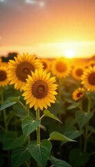 Obraz premium A field of tall sunflowers basking in a warm golden light during sunrise, bright, sunrise