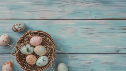 Easter basket filled with painted eggs on a wooden background. Simple, charming design perfect for Easter themes.