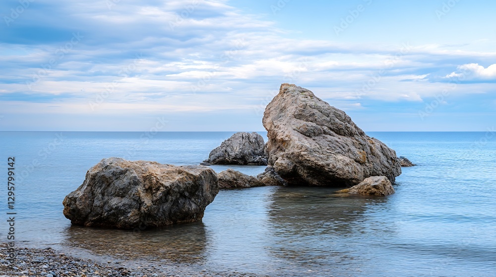 Poster peaceful coastal scene with large rocks and calm water under cloudy sky : generative ai