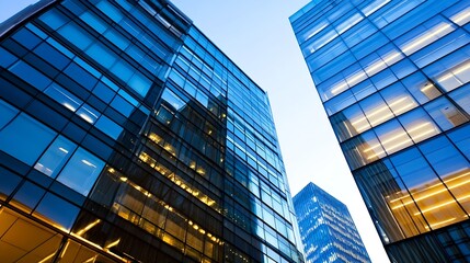 Modern Tall Glass Buildings Reaching Toward Clear Blue Sky in Urban Cityscape : Generative AI