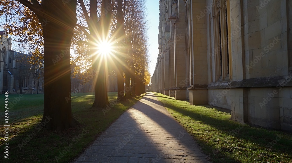 Aufkleber sunlight through trees illuminating the pathway in a tranquil park during autumn season : generative