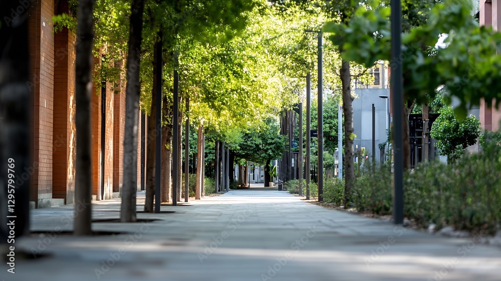 Poster beautiful tree lined walkway in modern urban area with sunlight filtering through lush green leaves 